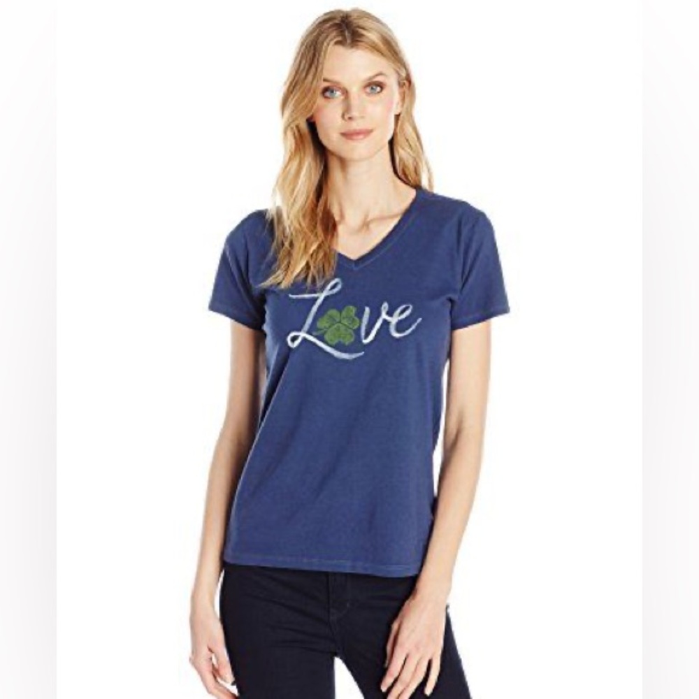 Life is Good Crusher Tee Love Clover Graphic V-Neck Blue Women’s 3XL‎